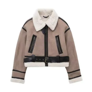 A&A Collared Faux Fur Shearling Front Zipper Jacket