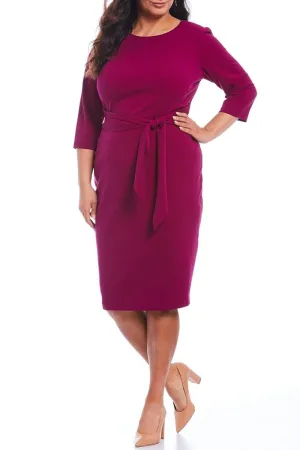 Adrianna Papell Crew Neck 3/4 Sleeve Tie Waist Bodycon Zipper Bk Solid Knit Crepe Dress (Plus Size) - Wholesale