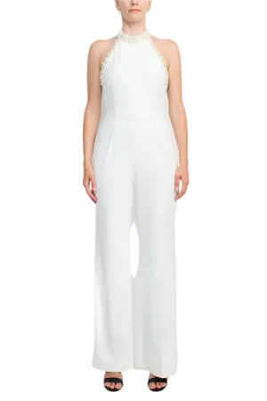 Adrianna Papell Embellished Halter Neck Open Zipper Back Solid Stretch Knit Crepe Jumpsuit