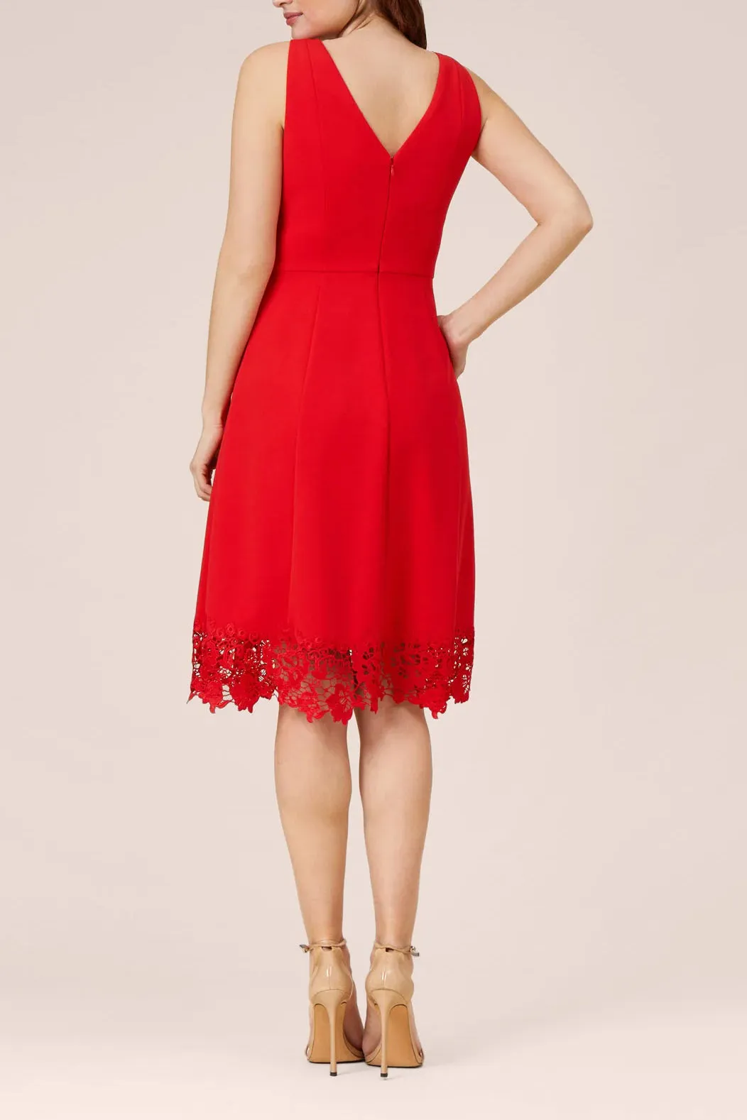 Adrianna Papell Stretch Knit Crepe Midi-Length Fit-And-Flare Crepe Dress with Lace Trim