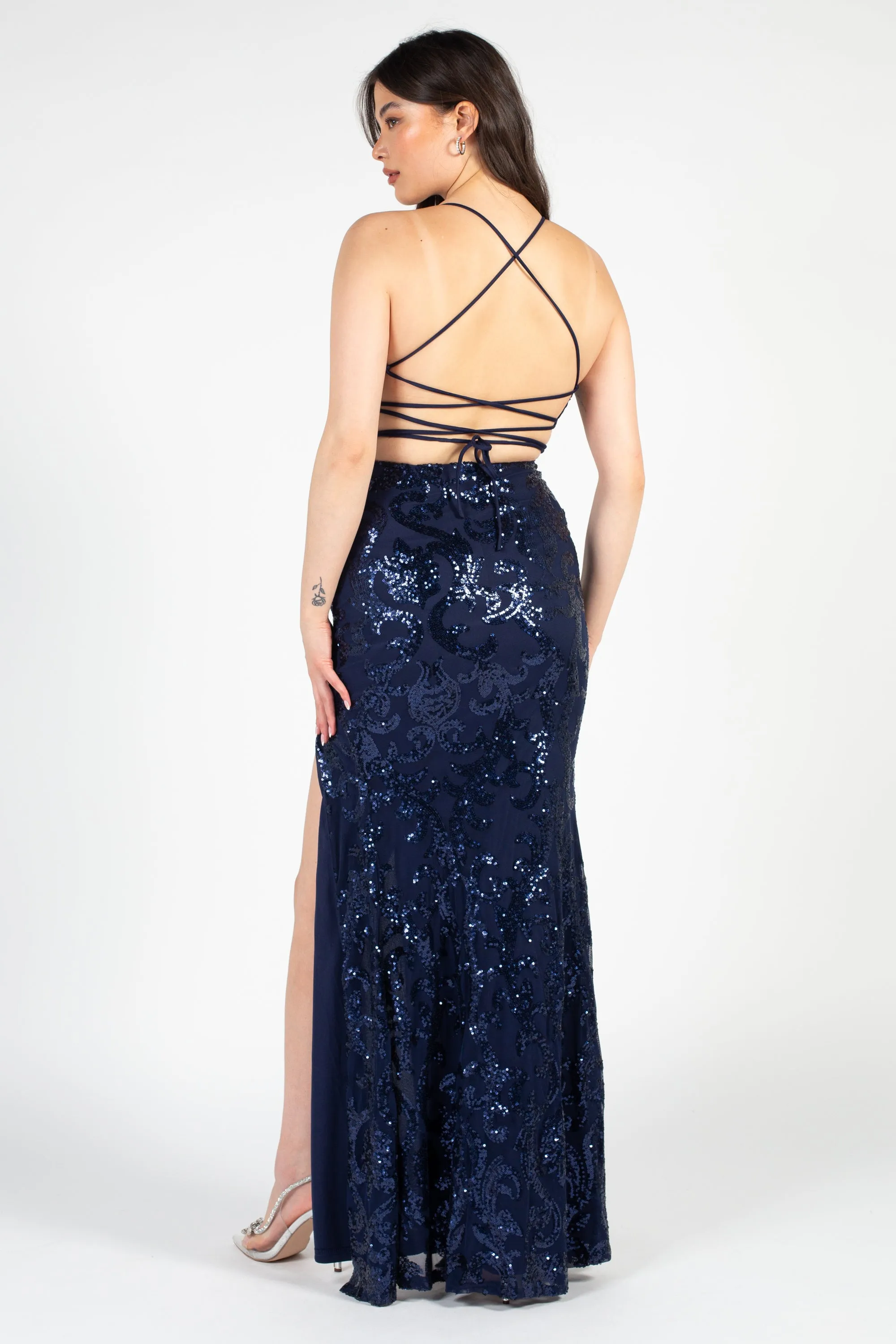 All Eyes On You Strappy High Slit Sequin Gown