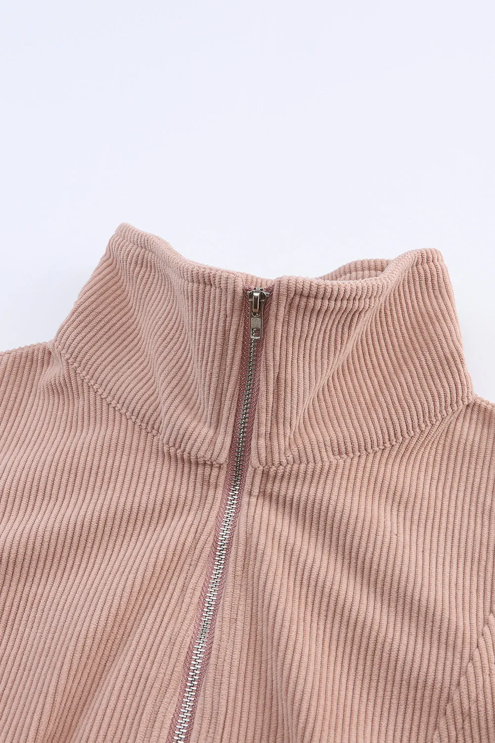 Apricot Ribbed Texture Half Zip Collared Sweatshirt