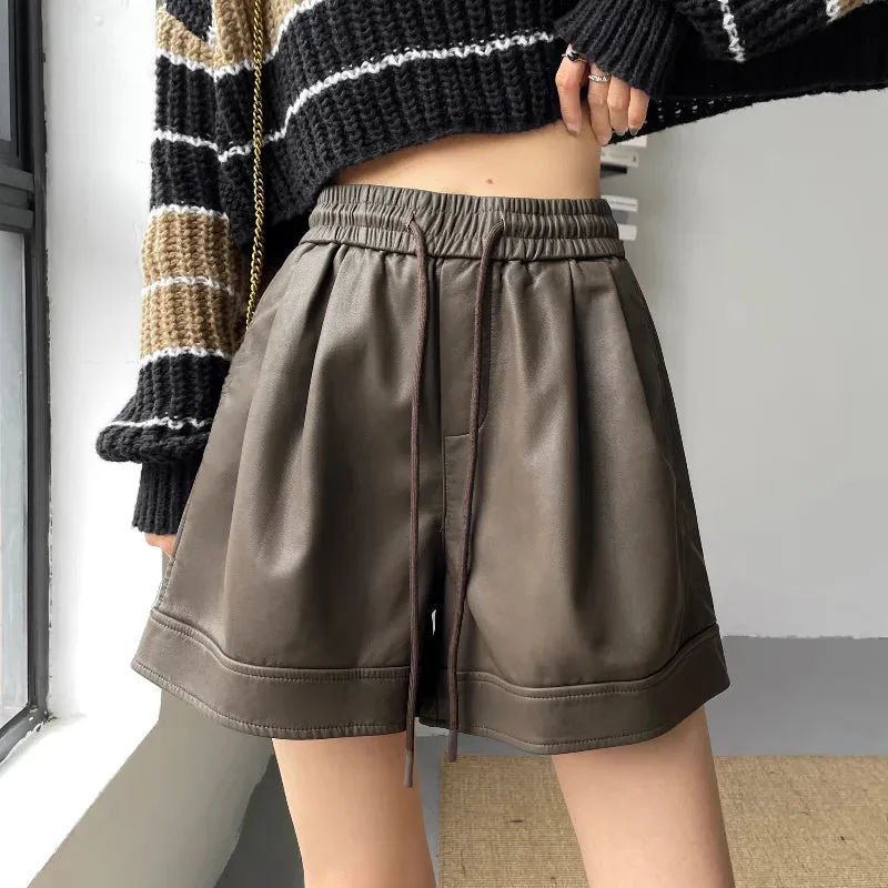 Autumn Winter PU Leather High Waist Wide-leg Casual Shorts