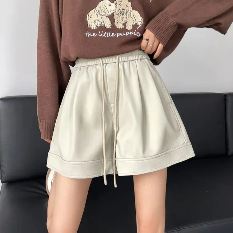 Autumn Winter PU Leather High Waist Wide-leg Casual Shorts