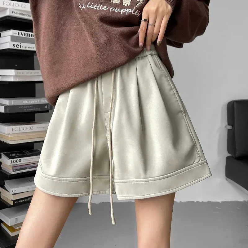 Autumn Winter PU Leather High Waist Wide-leg Casual Shorts