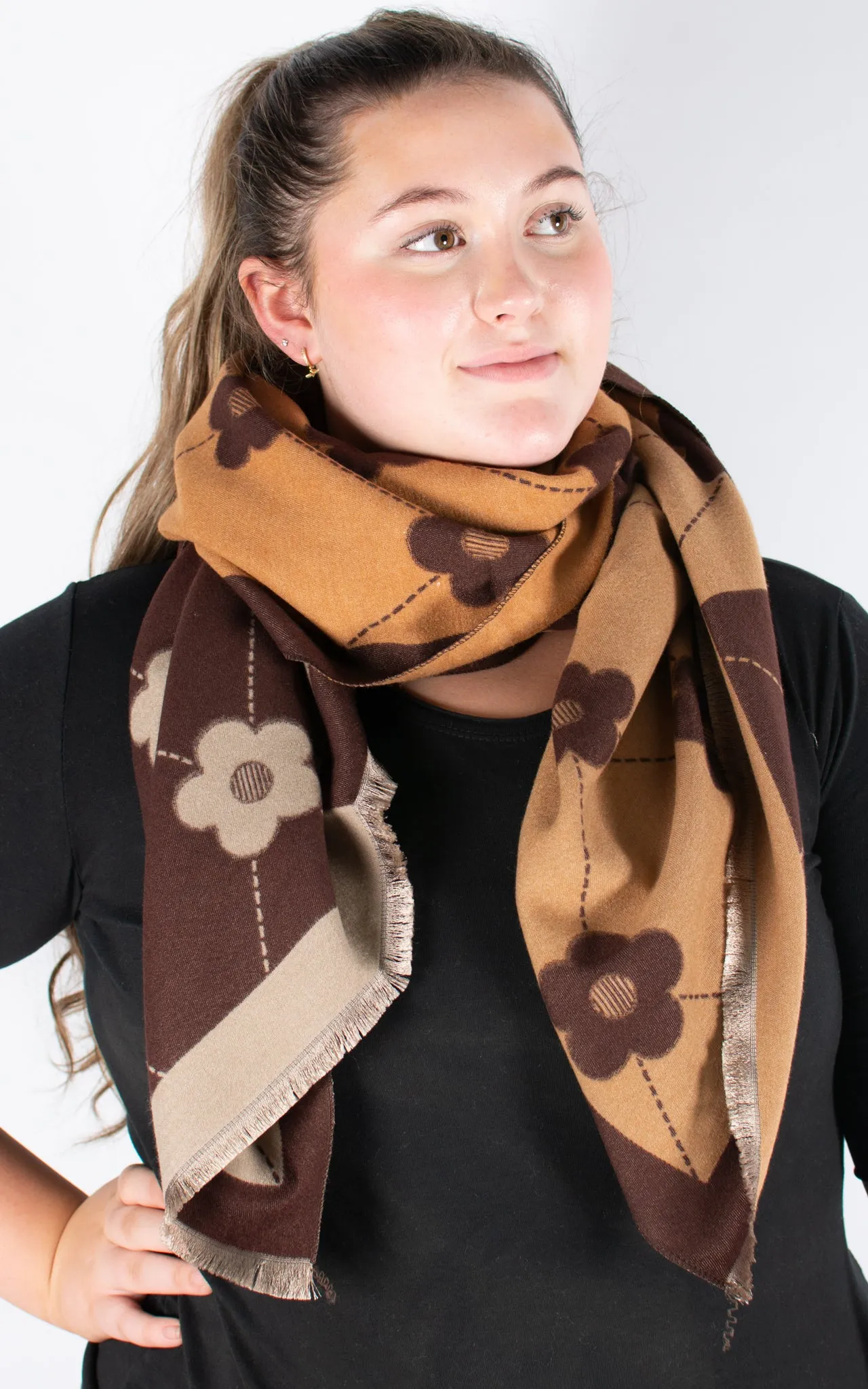 Autumn Winter Scarf | Floral Harlequin | Brown & Camel