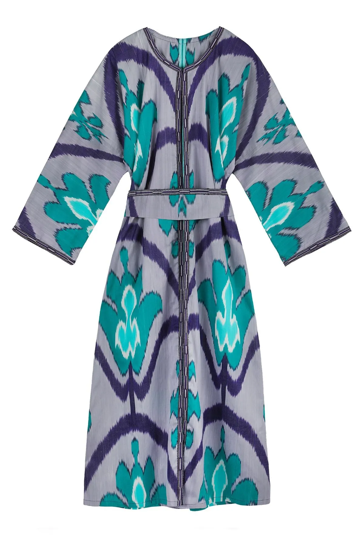 Bacchus Silk Ikat Coat - Long - Teal, Lilac, Purple