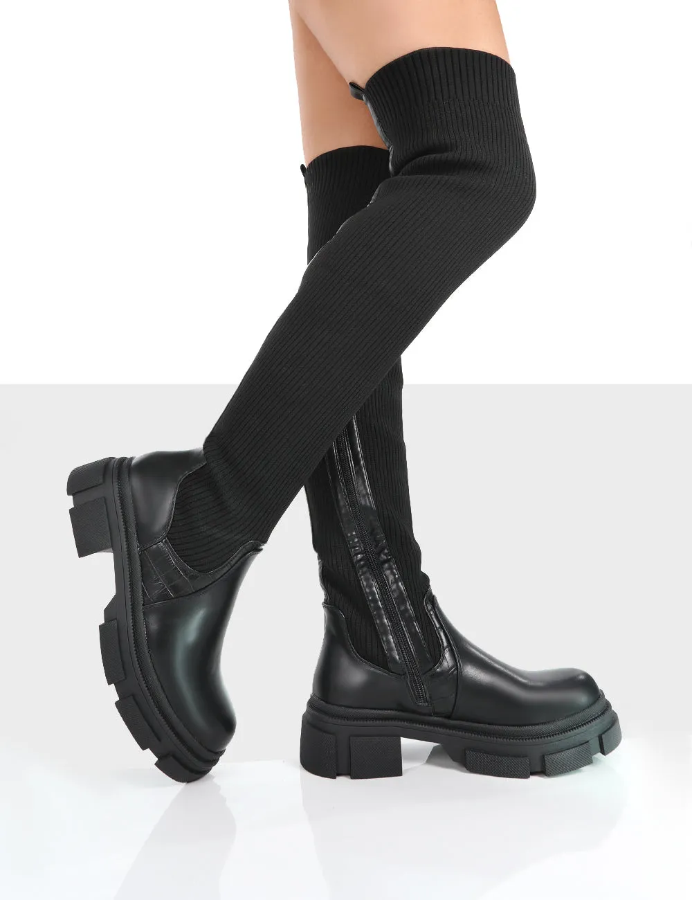 Bali Black Knit Chunky Sole Over the Knee High Boots