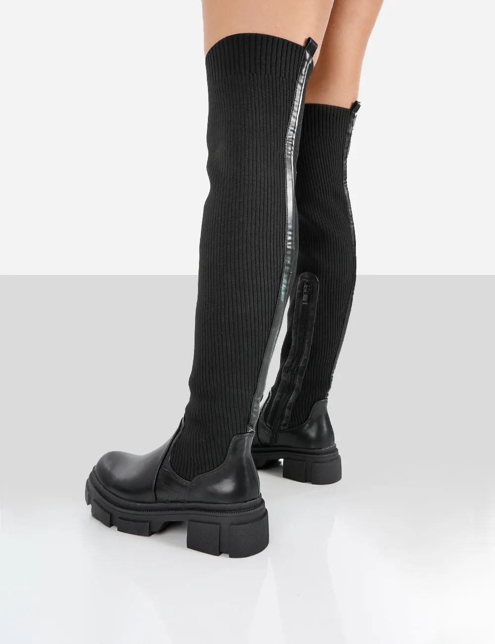 Bali Black Knit Chunky Sole Over the Knee High Boots