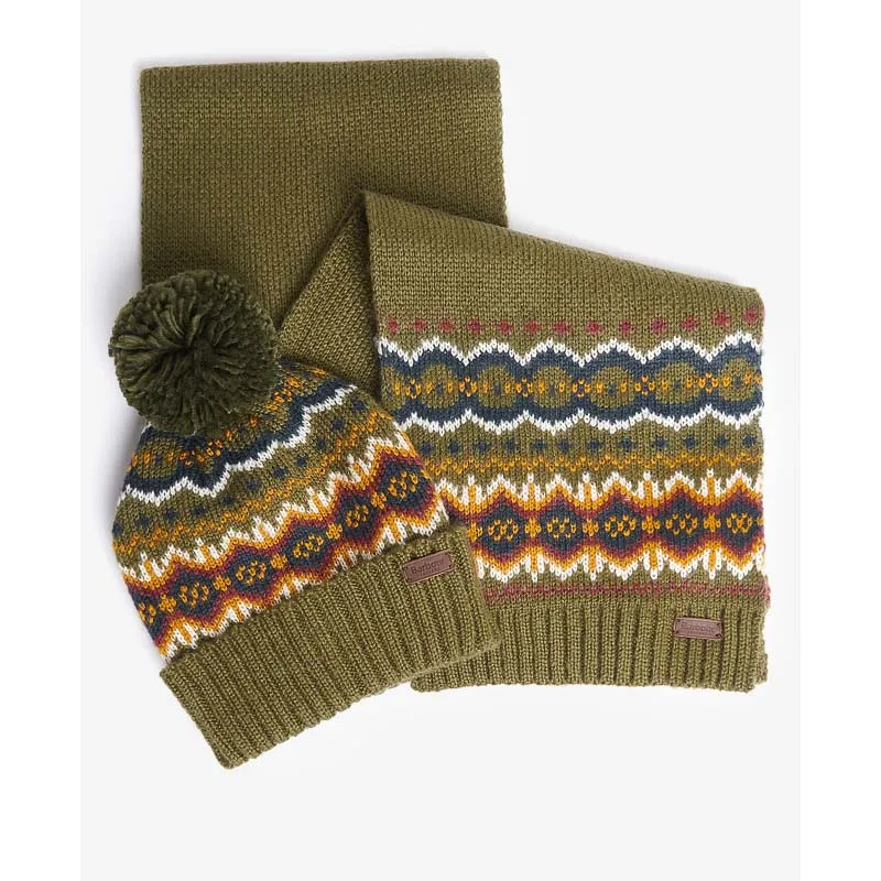 Barbour Fairisle Beanie & Scarf Gift Set - Olive