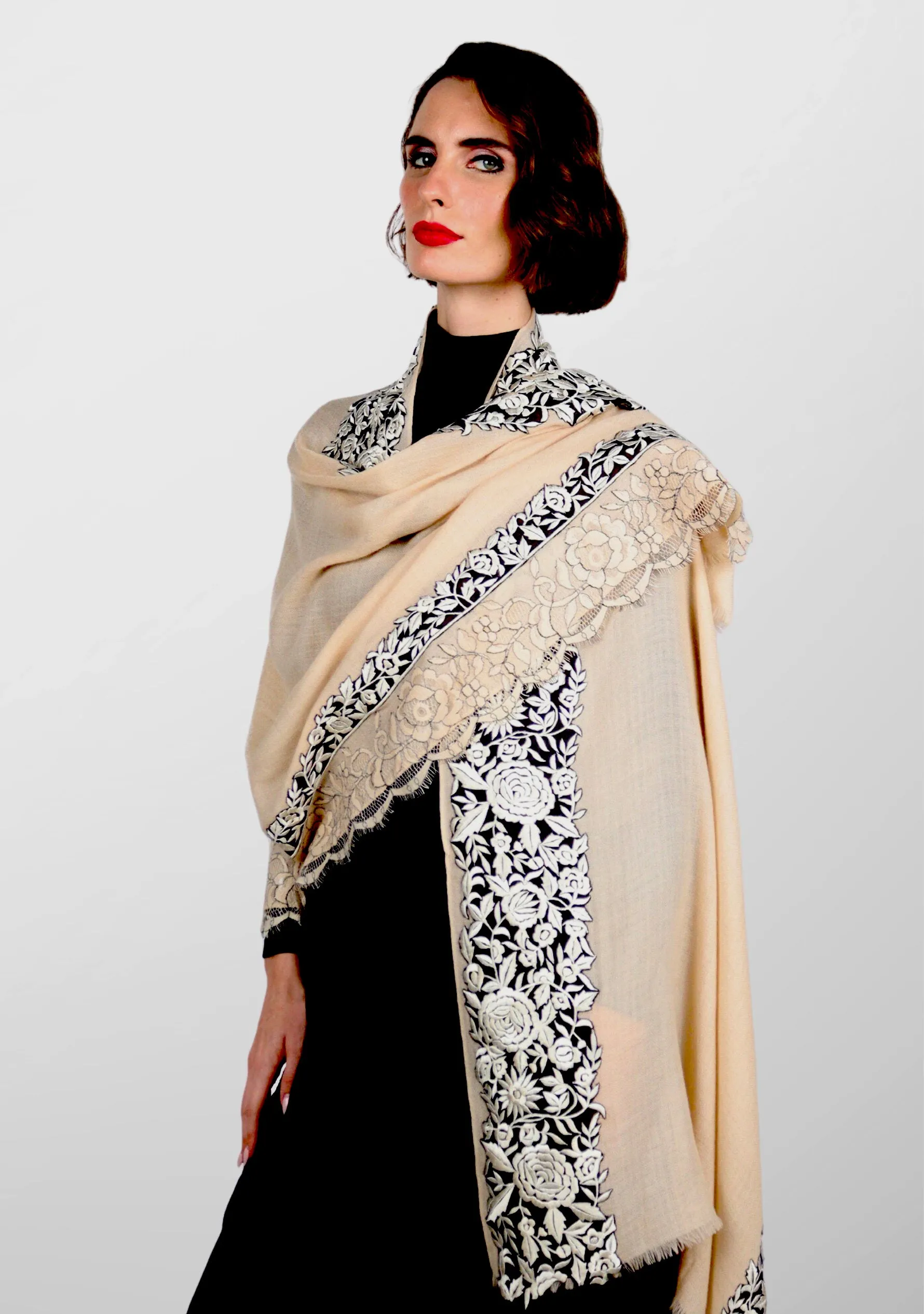 Beige Cashmere Scarf with Black and Beige Embroidery and Filigree Lace