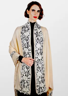 Beige Cashmere Scarf with Black and Beige Embroidery and Filigree Lace