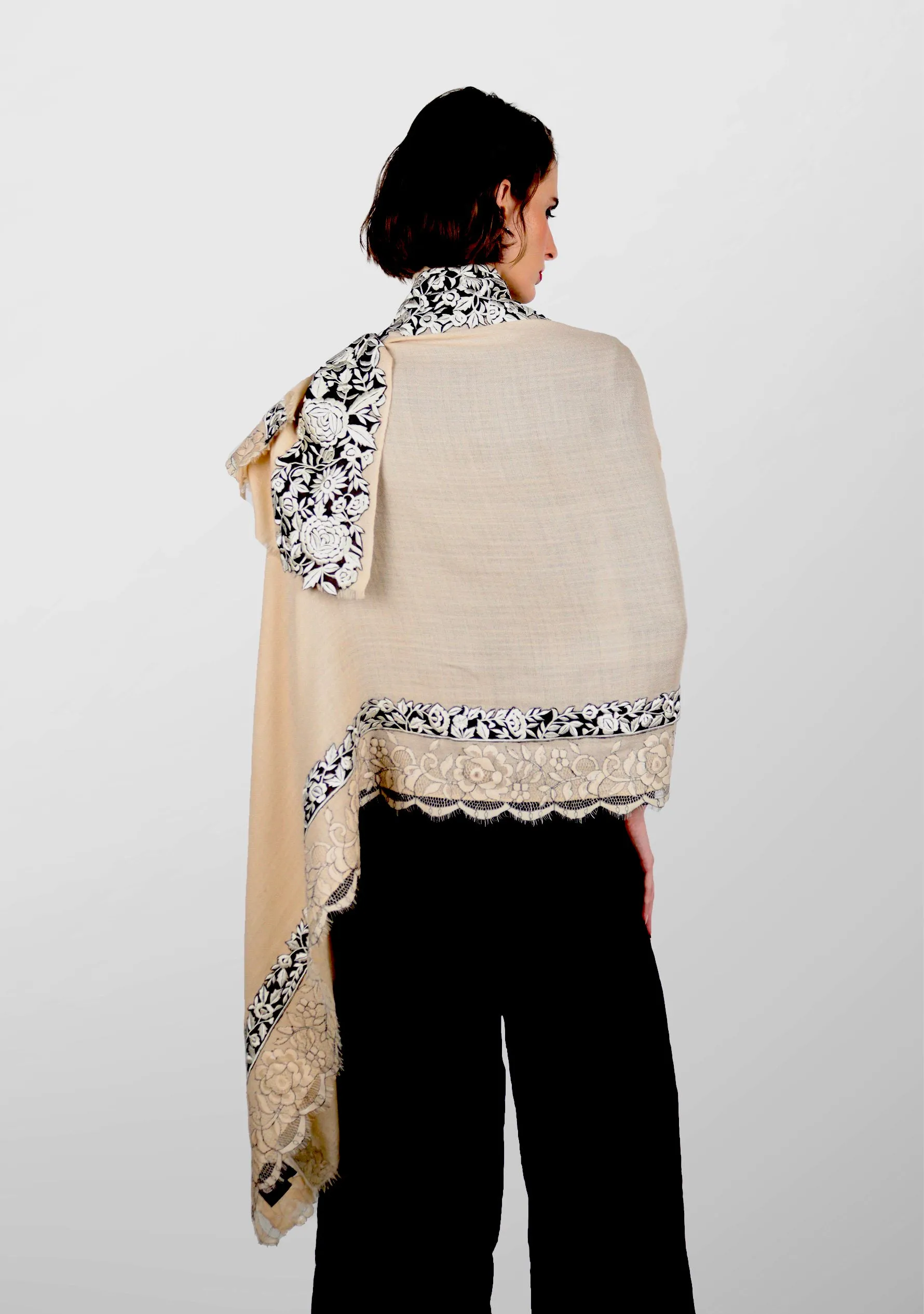 Beige Cashmere Scarf with Black and Beige Embroidery and Filigree Lace