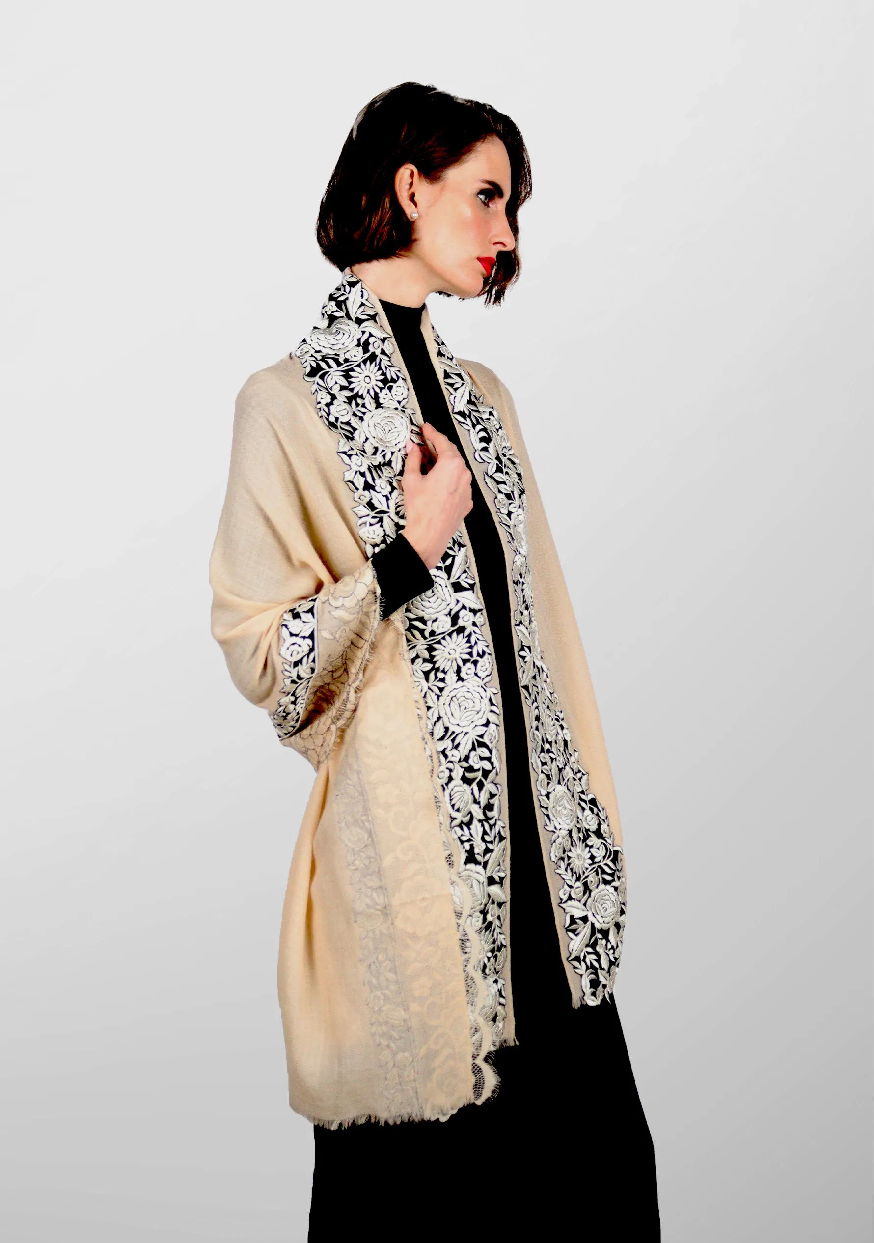 Beige Cashmere Scarf with Black and Beige Embroidery and Filigree Lace