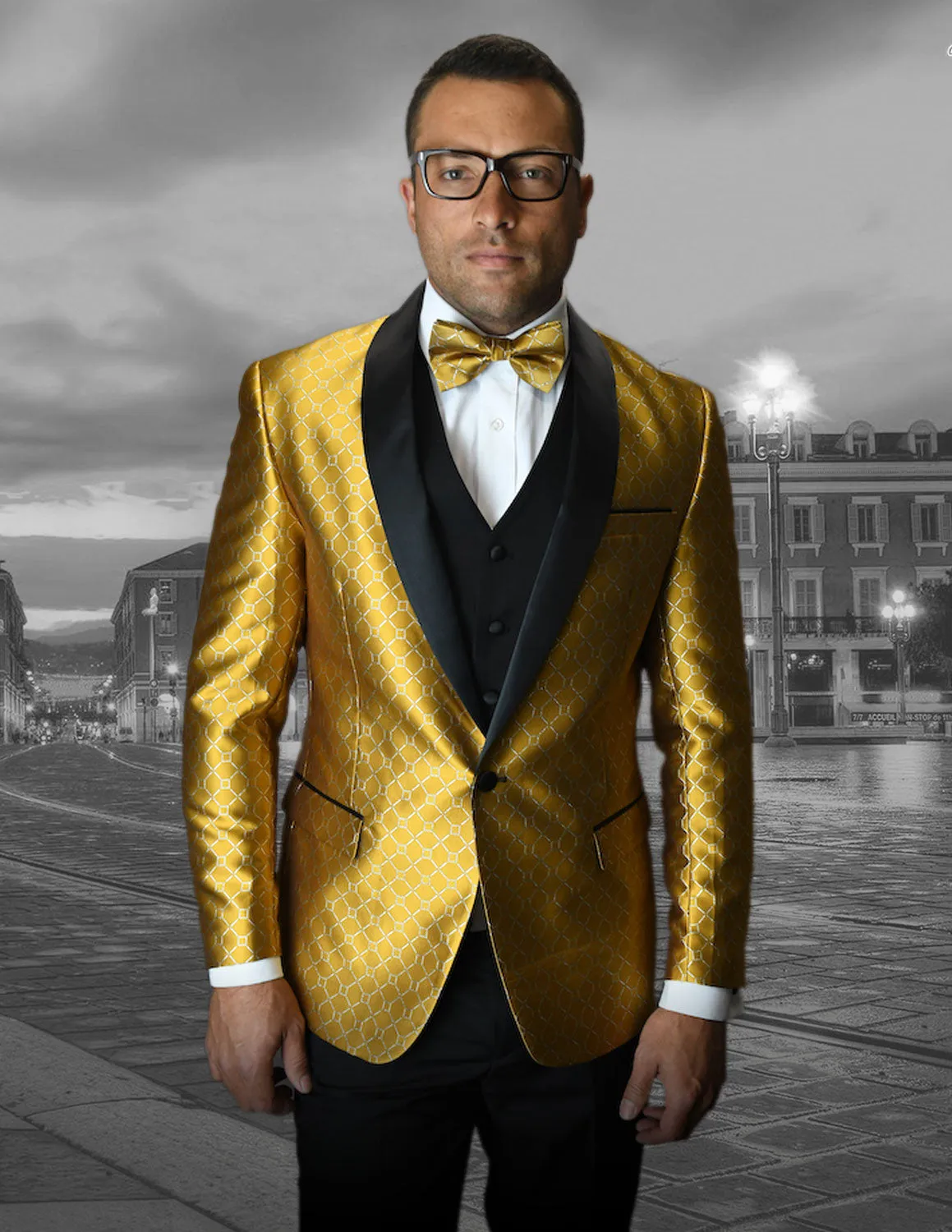 Bellagio Diamond Grid  3pc Italian  Suit Set - Gold