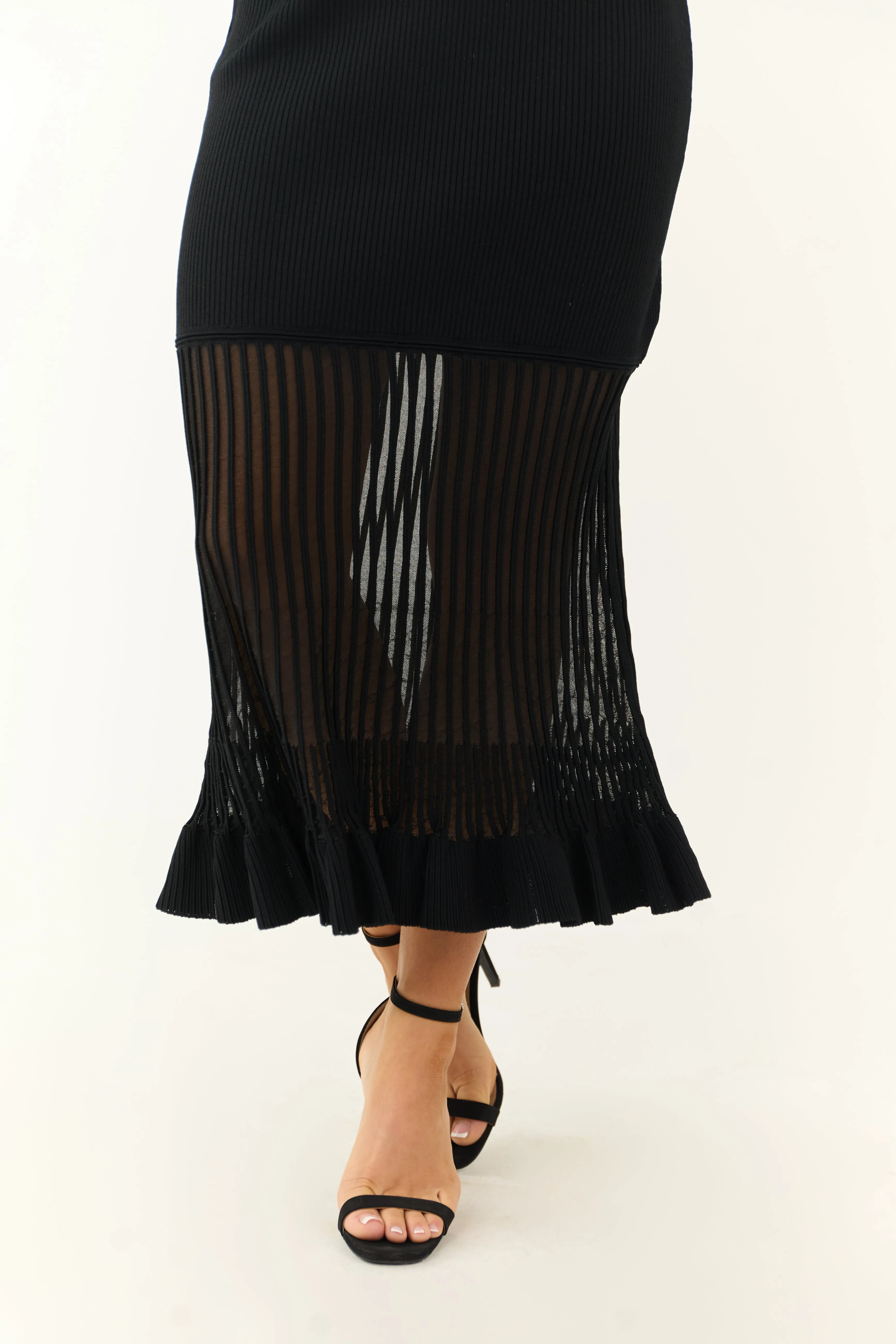 Black Long Sleeve Sheer Midi Sweater Dress