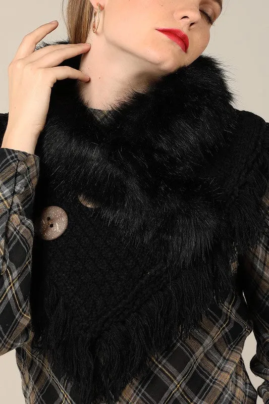 Black wrap with soft faux fur with frayed fringe and wood button accent