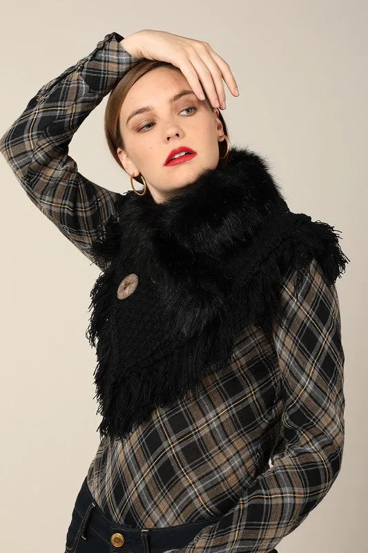 Black wrap with soft faux fur with frayed fringe and wood button accent