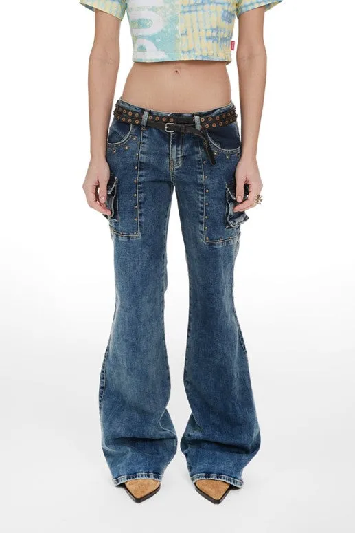 Blue Wide-Leg Midrise Cargo Jeans