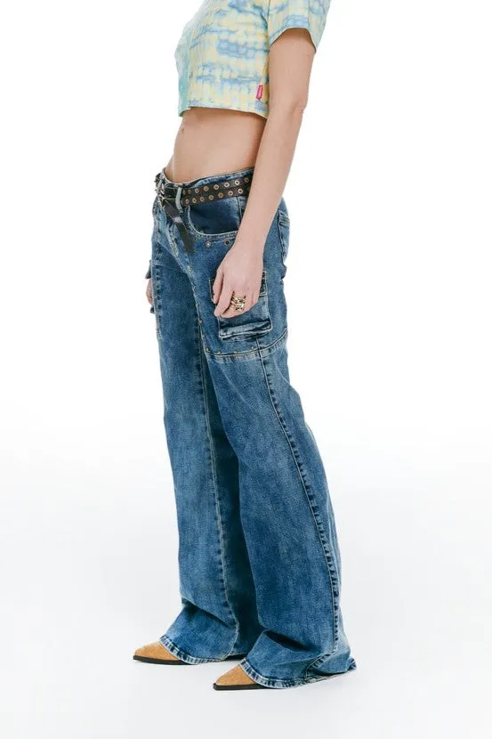 Blue Wide-Leg Midrise Cargo Jeans