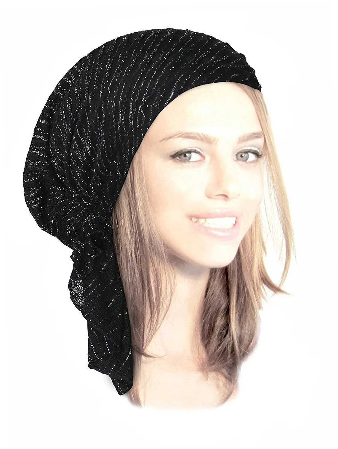 Boho Chic Black Pre-tied Head-Scarf Tichel Textured Breathable Knit Collection ShariRose (Black silver sparkle short - sk01)