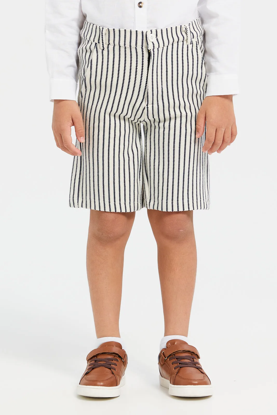 Boys White And Black Striped Shirt Waist Coat And Shorts Set (3 Piece)