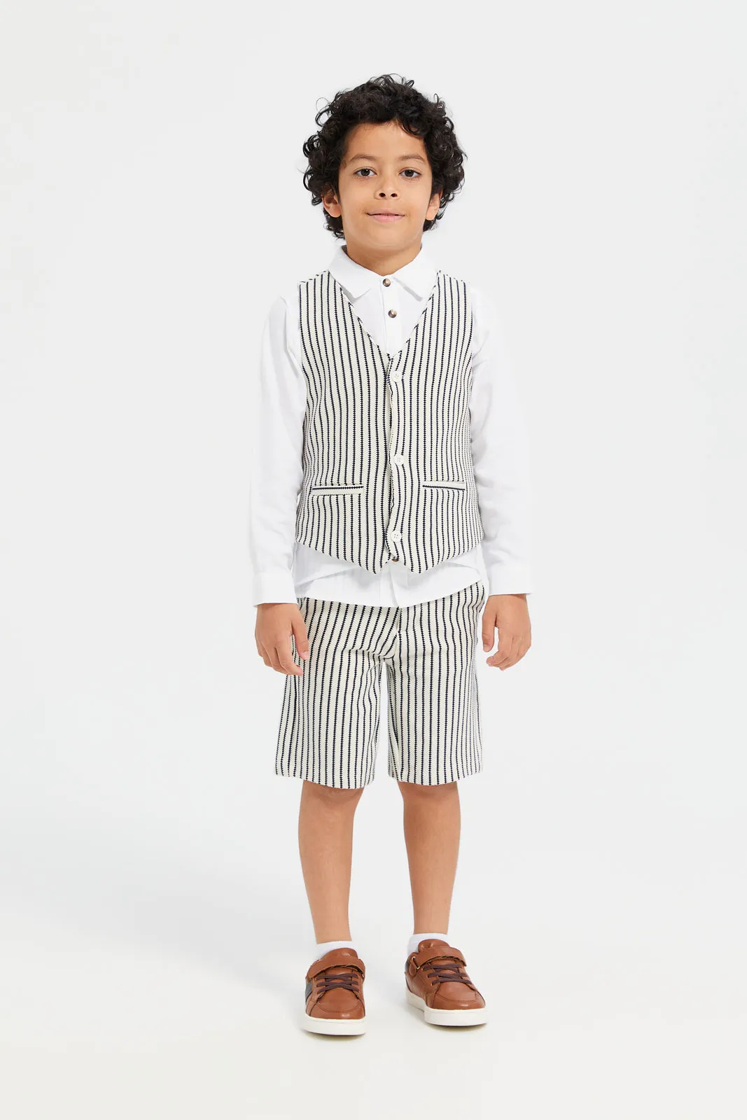 Boys White And Black Striped Shirt Waist Coat And Shorts Set (3 Piece)