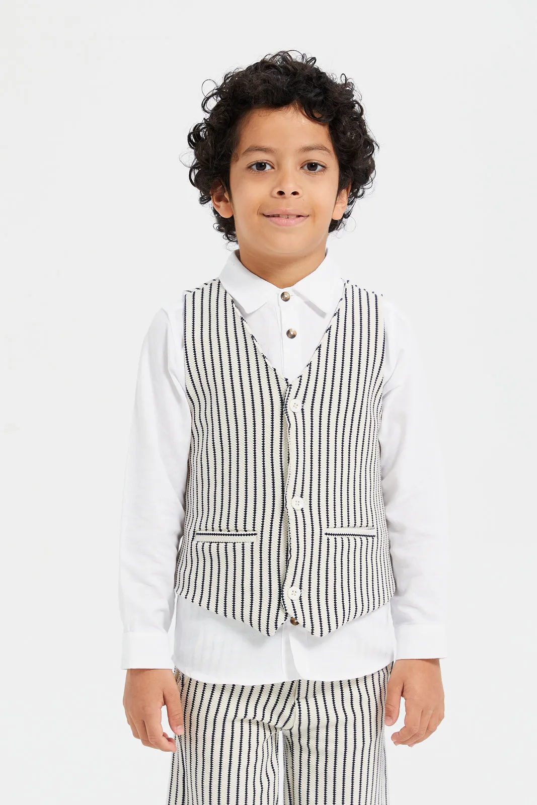 Boys White And Black Striped Shirt Waist Coat And Shorts Set (3 Piece)