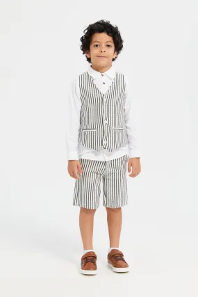 Boys White And Black Striped Shirt Waist Coat And Shorts Set (3 Piece)