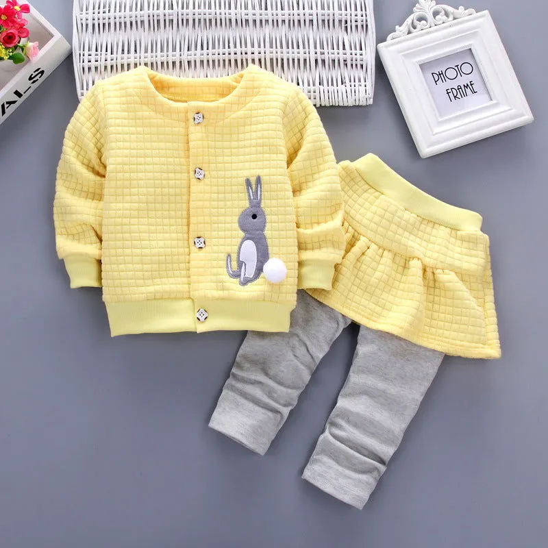 Bunny Motif Long Sleeve Cotton Sweater and Skirt Pants