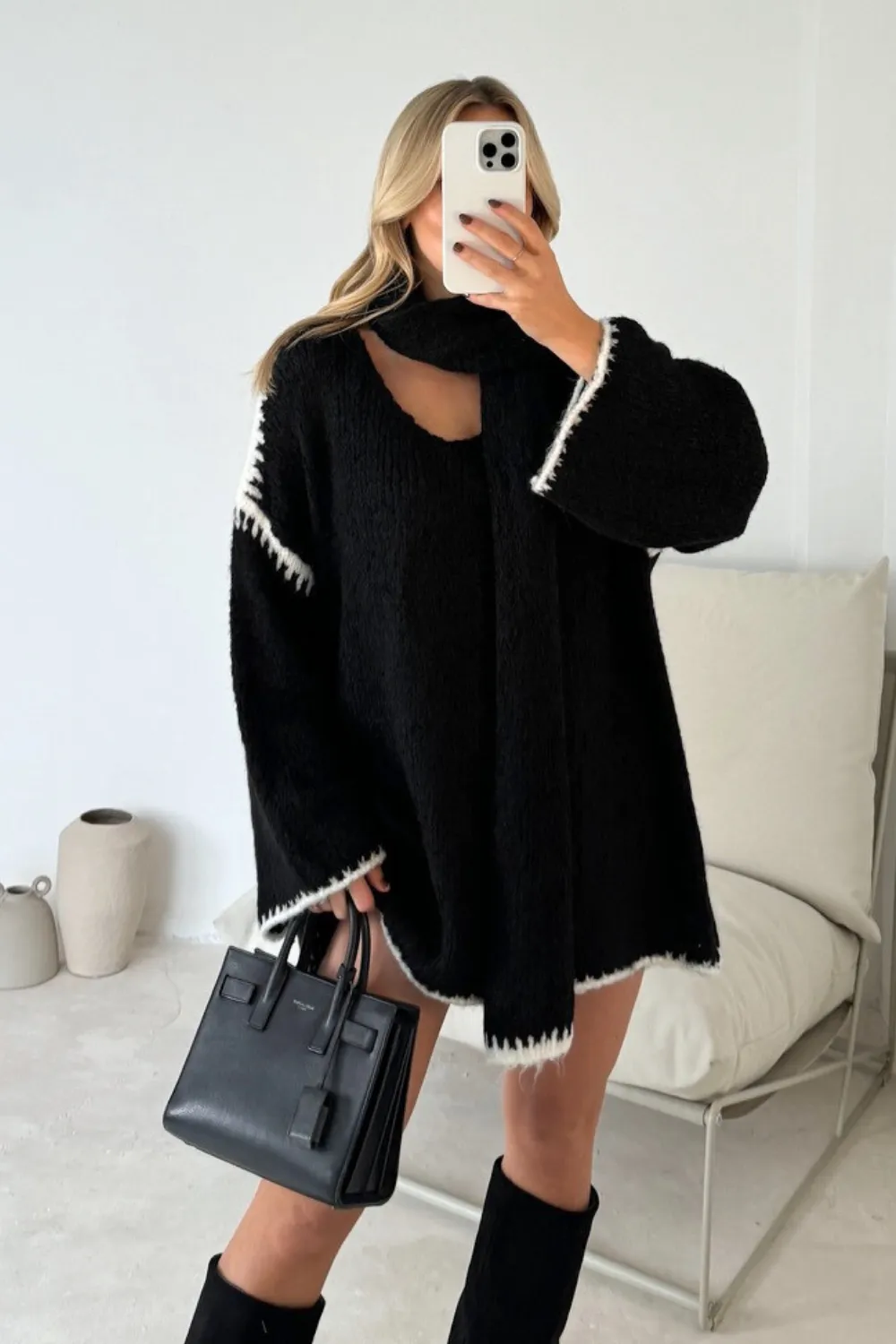 Carmen black chunky knit scarf jumper