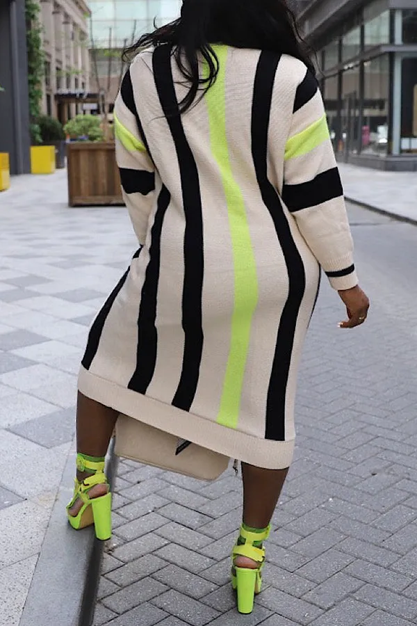 Casual Knit Stripe Round Neck Midi Dress