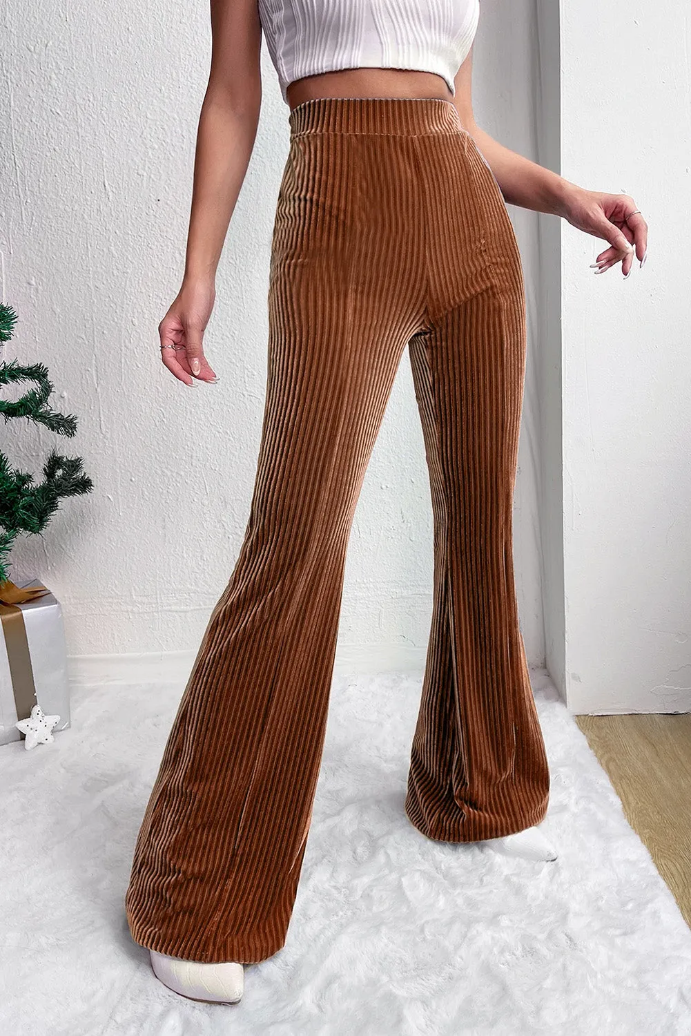 Chestnut Solid Color High Waist Flare Corduroy Pants