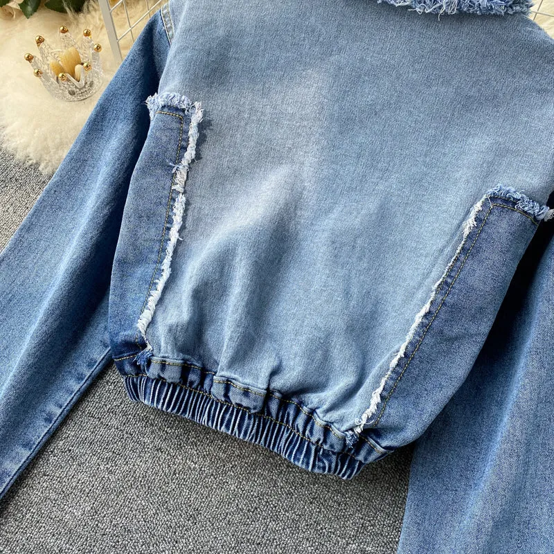 Chic denim long-sleeved cropped top  247