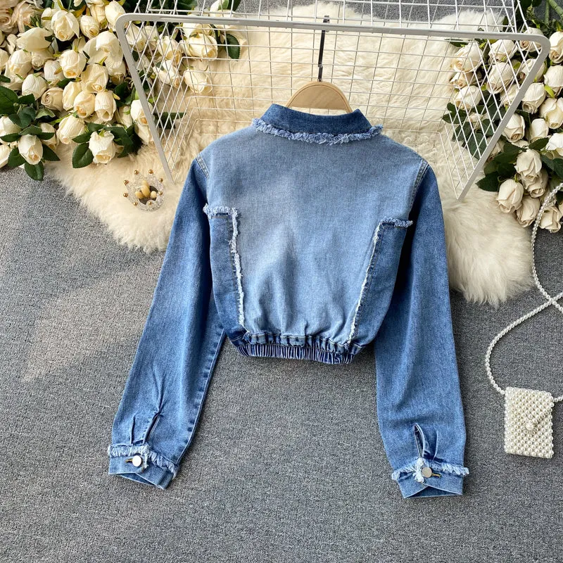 Chic denim long-sleeved cropped top  247