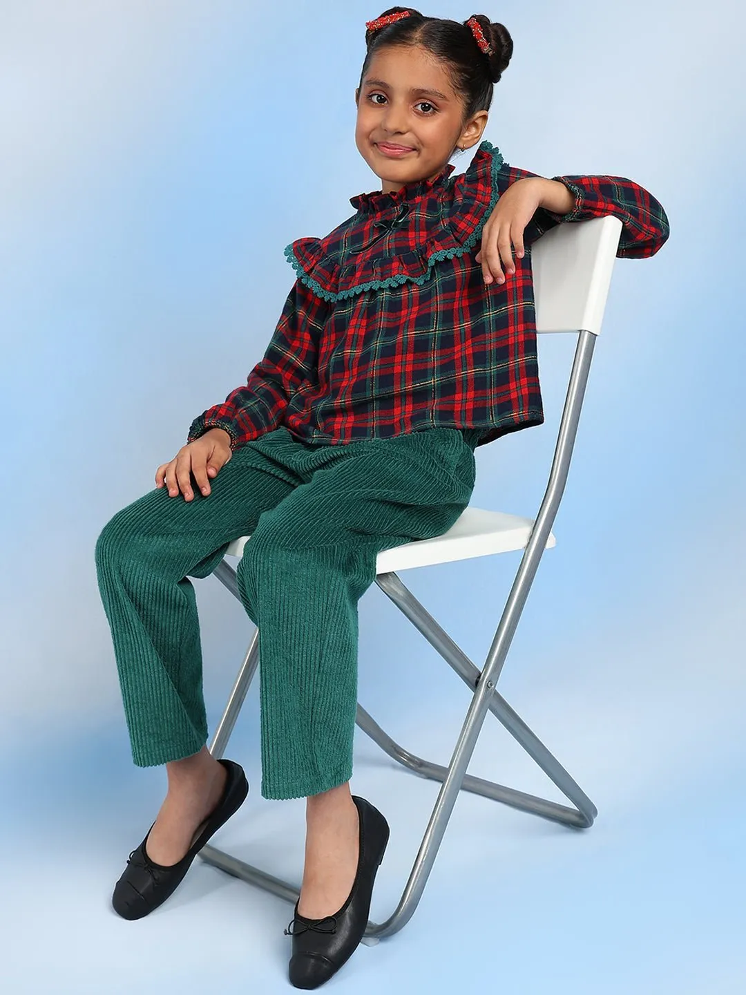 Christmas Checks Cotton Girls Top With Corduroy Pants