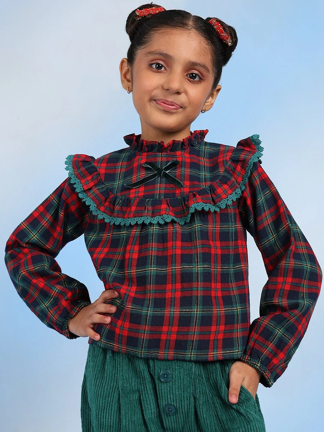 Christmas Checks Cotton Girls Top With Corduroy Pants