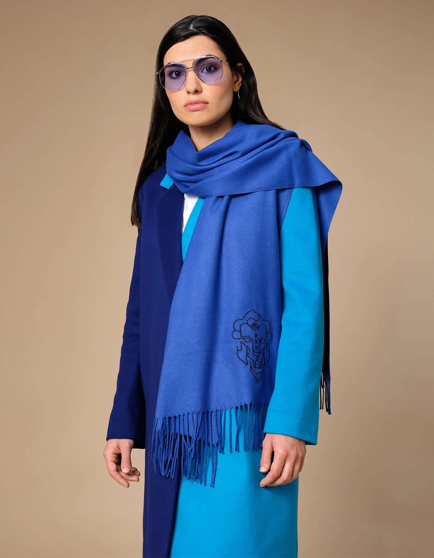 Cobalt Blue Scarf with Lion Design