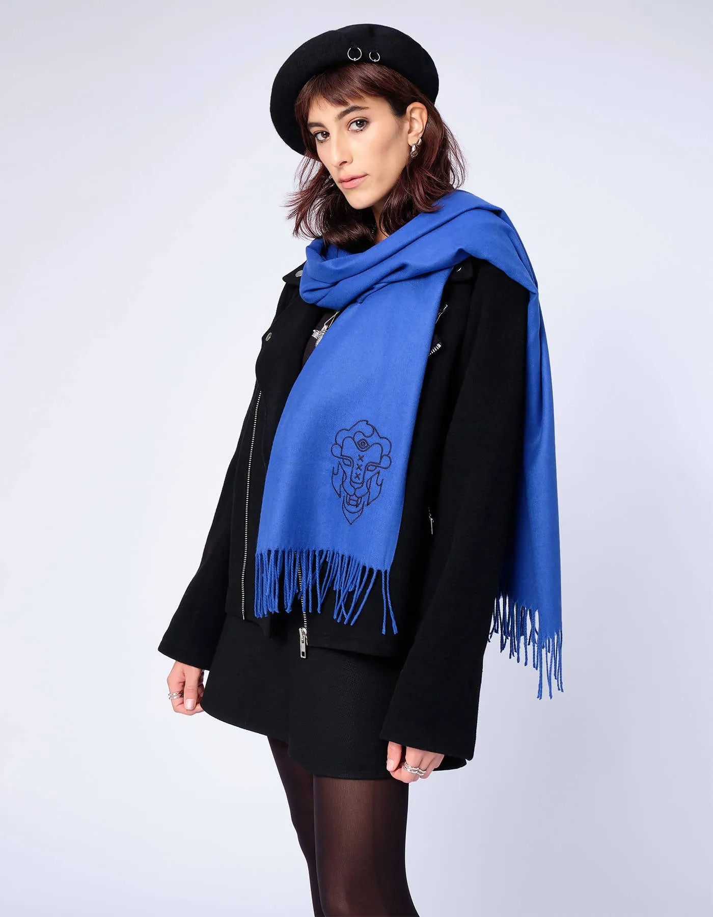 Cobalt Blue Scarf with Lion Design