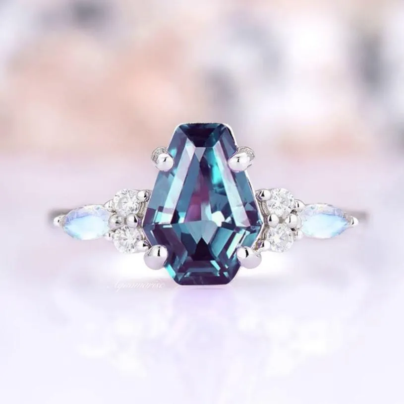 Coffin Cut Alexandrite & Moonstone Ring- 925 Sterling Silver