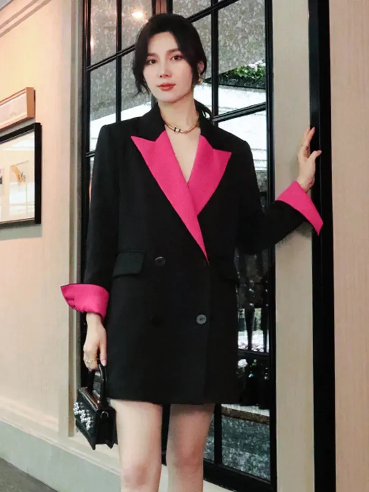 Colorblock Loose Blazers For Women Notched Collar Long Sleeve Spliced Double Breasted Blazer Female Clothes