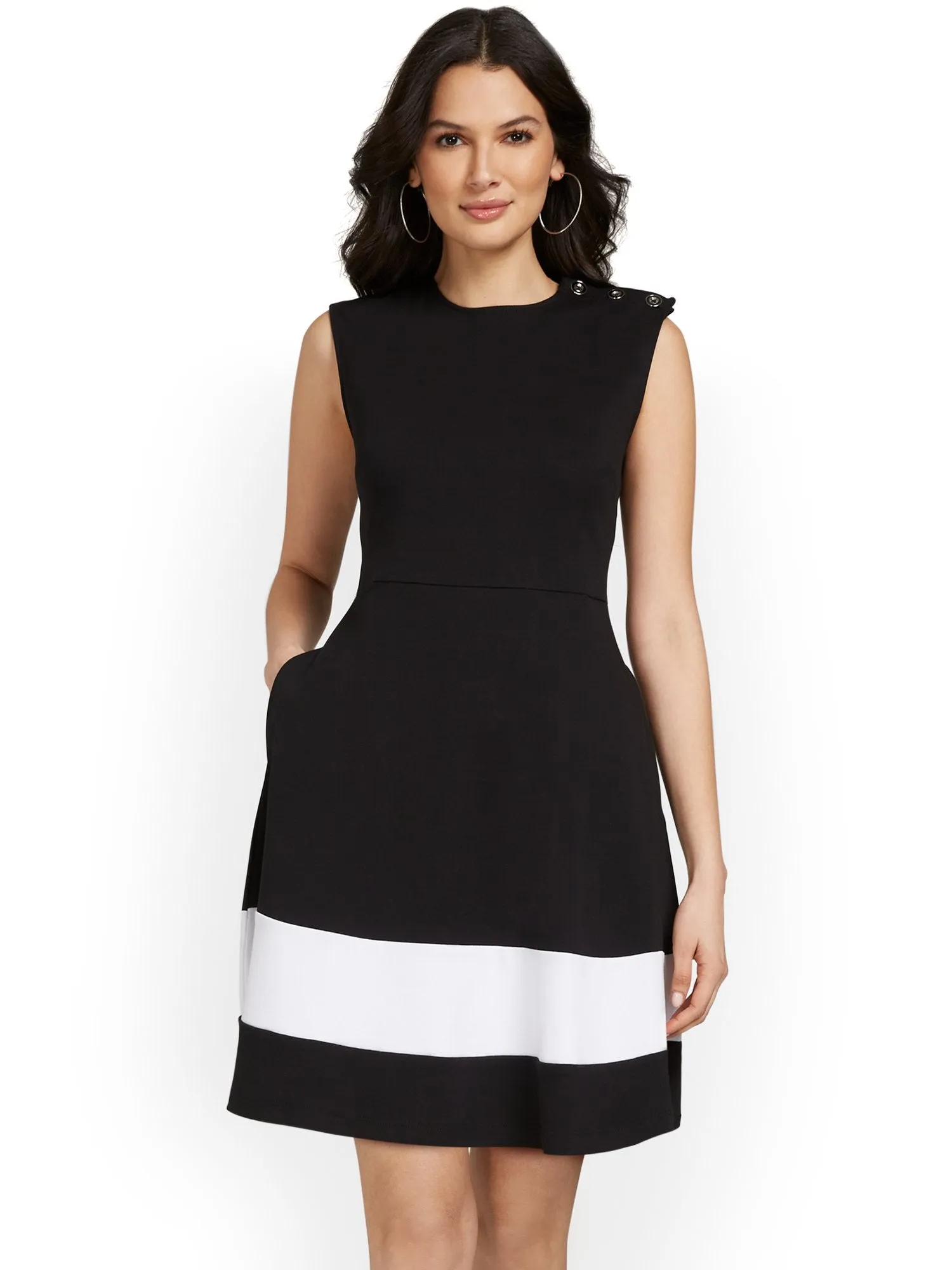 Contrast Stripe Shoulder-Button Flare Dress - City Knits