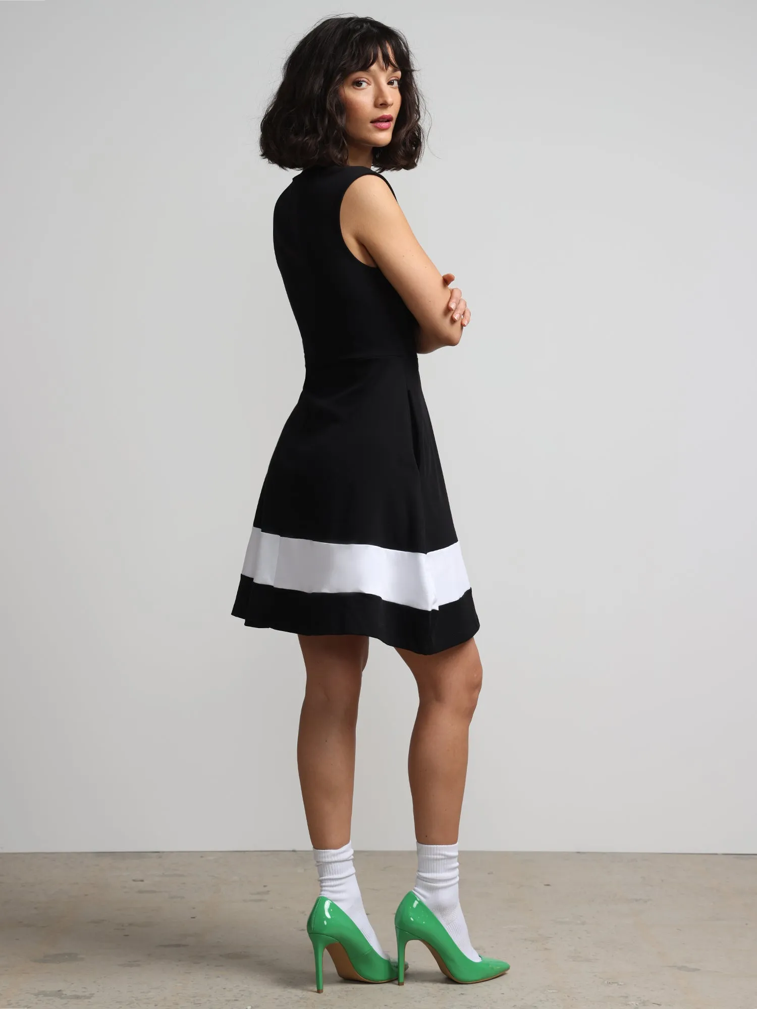 Contrast Stripe Shoulder-Button Flare Dress - City Knits