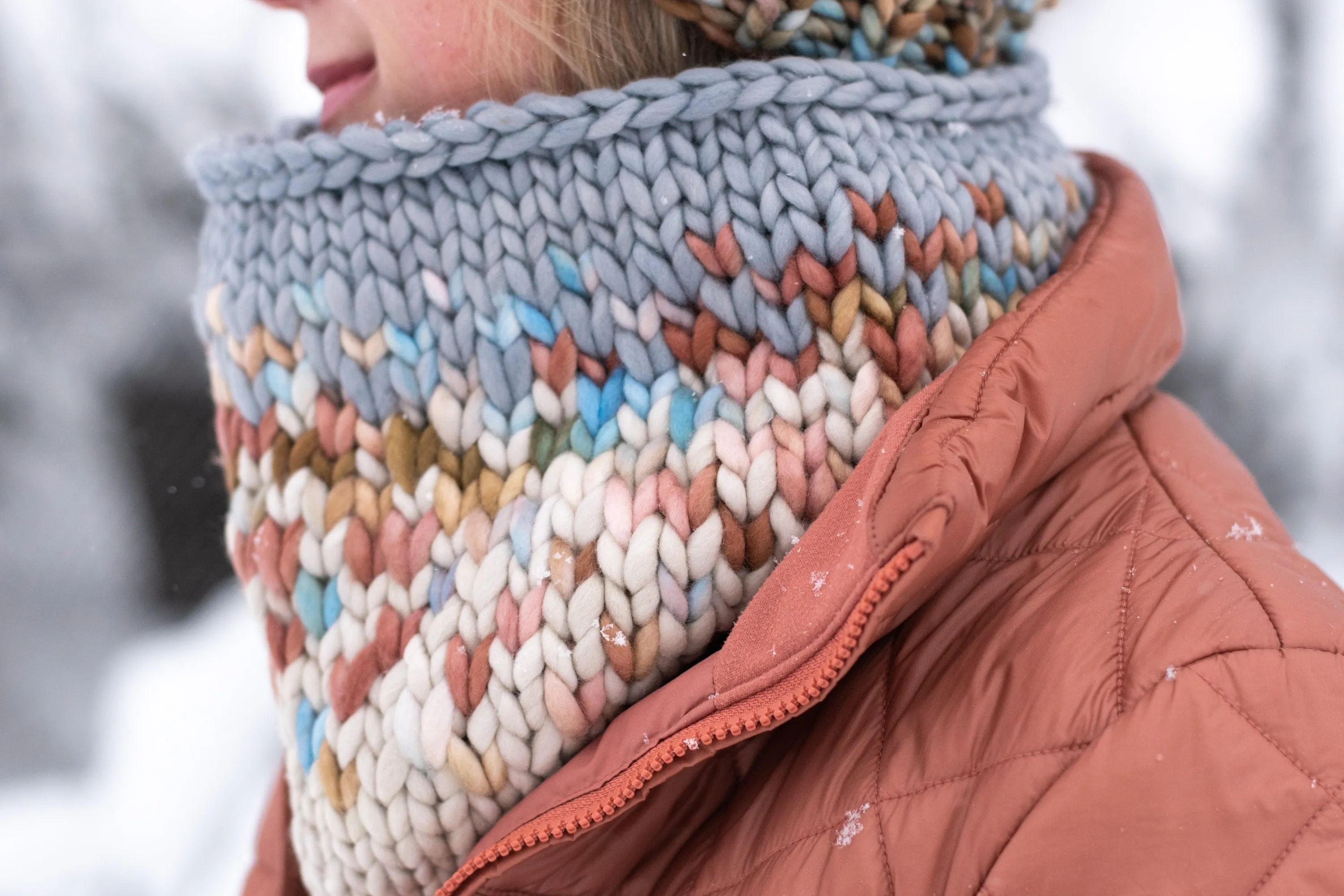 Copper, Blue, and Beige Merino Wool Fair Isle Hand Knit Cowl