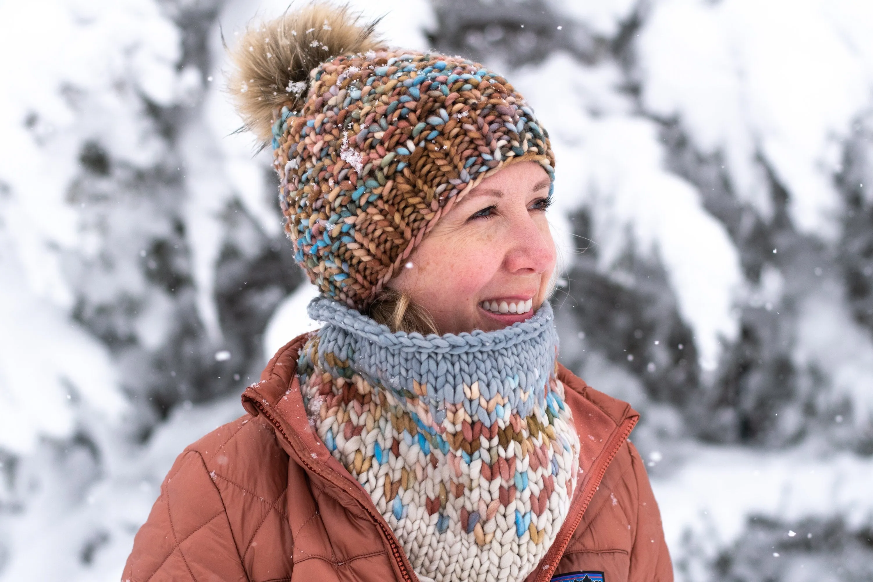 Copper, Blue, and Beige Merino Wool Fair Isle Hand Knit Cowl