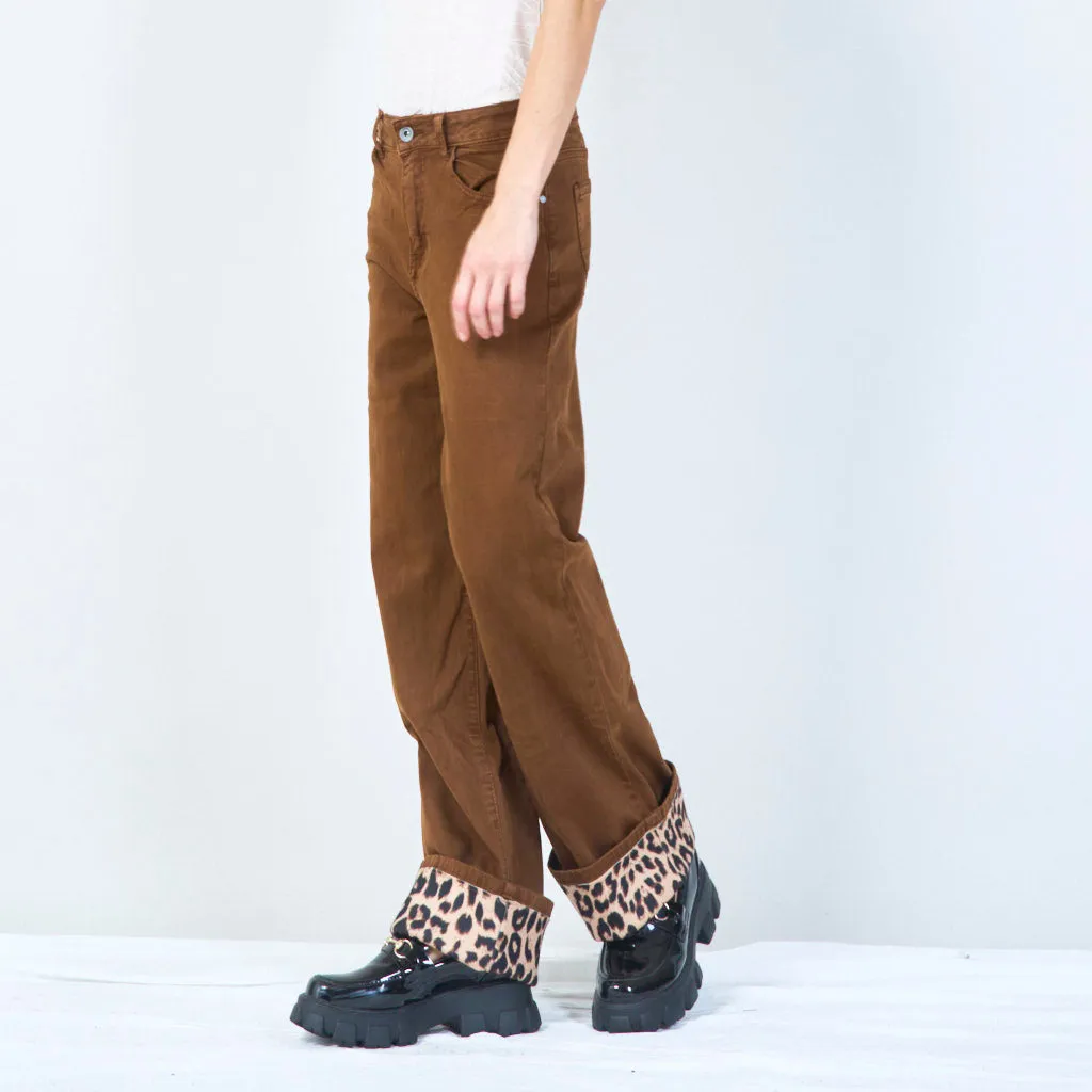 Corduroy pants with leopard print cuff