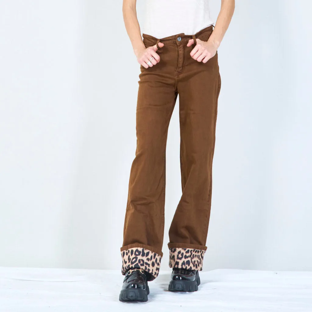 Corduroy pants with leopard print cuff