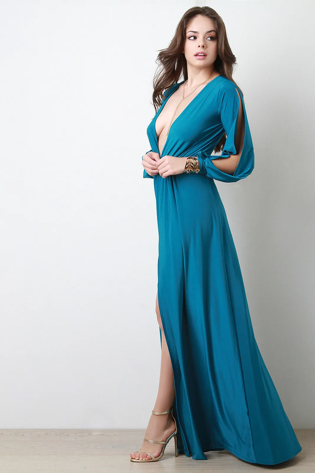 Deep V Neck Thigh High Slit Maxi Dress