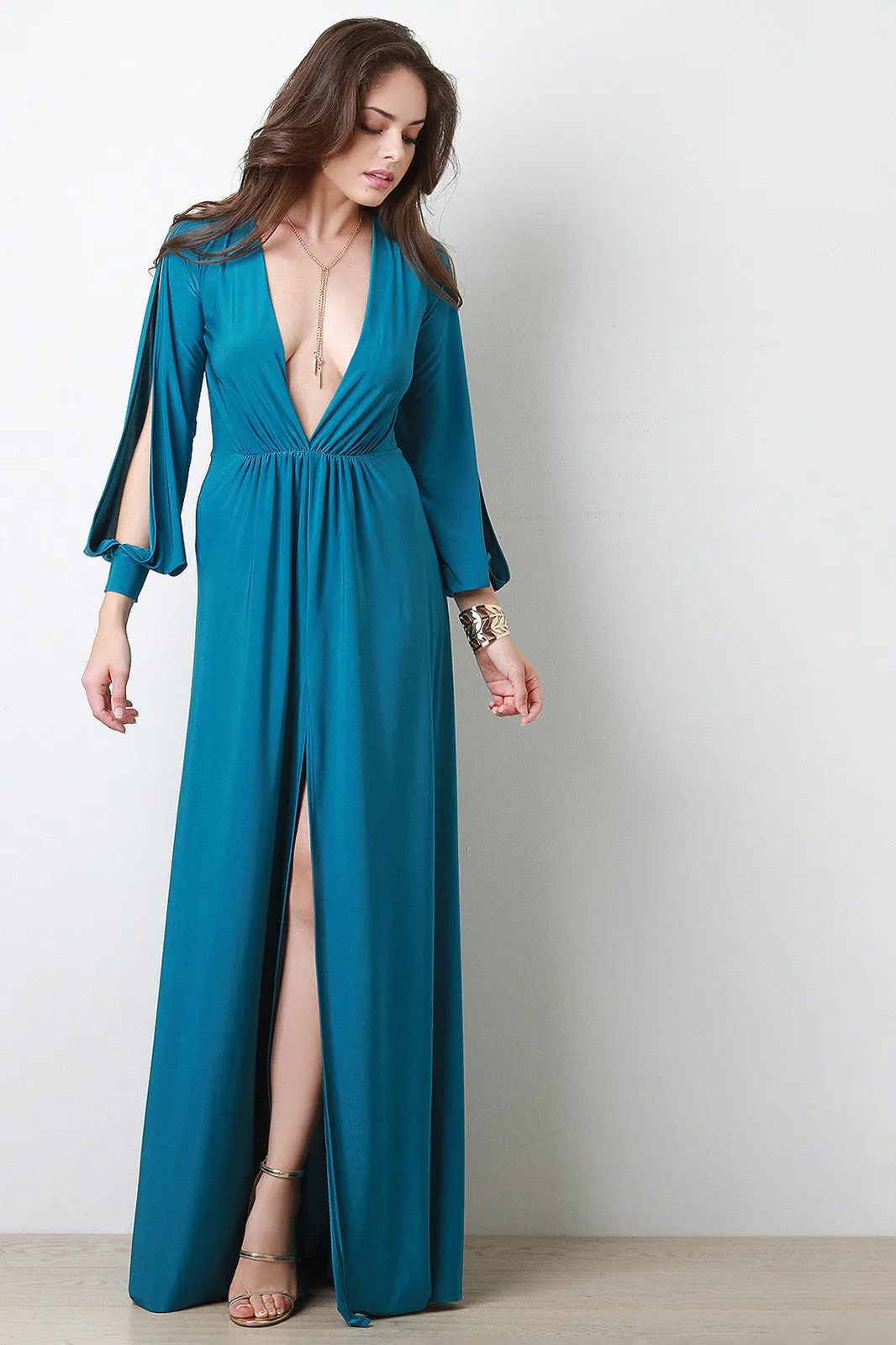 Deep V Neck Thigh High Slit Maxi Dress