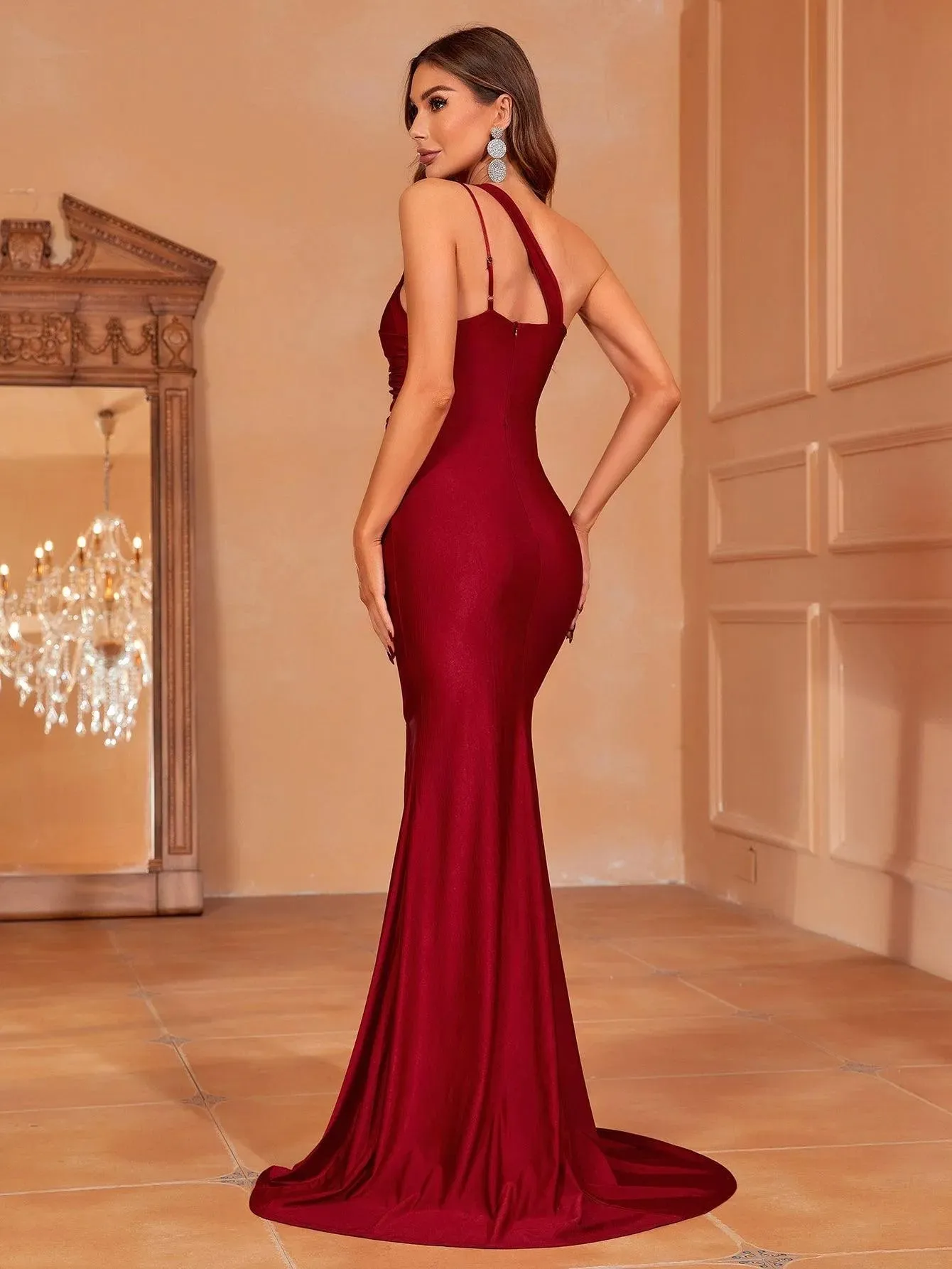 Elegant One Shoulder Cut Out Front Slit Mermaid Dress